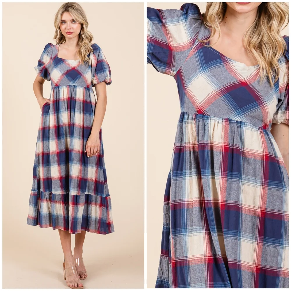 POLAGRAM Plaid Pattern Short Sleeves Midi Dress - Picture 7 of 11